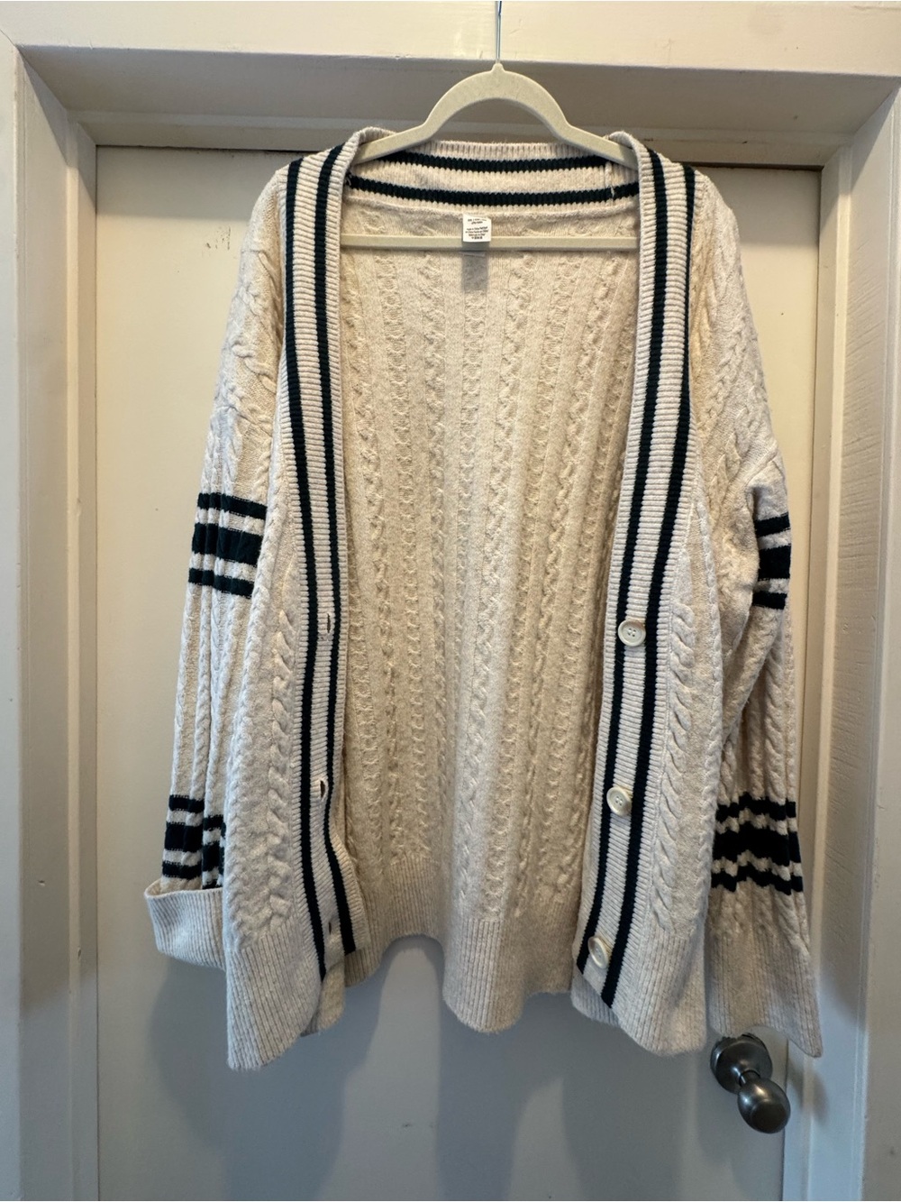 PINK Victoria's Secret Cream Cable Knit Cardigan with Dark Green Stripes